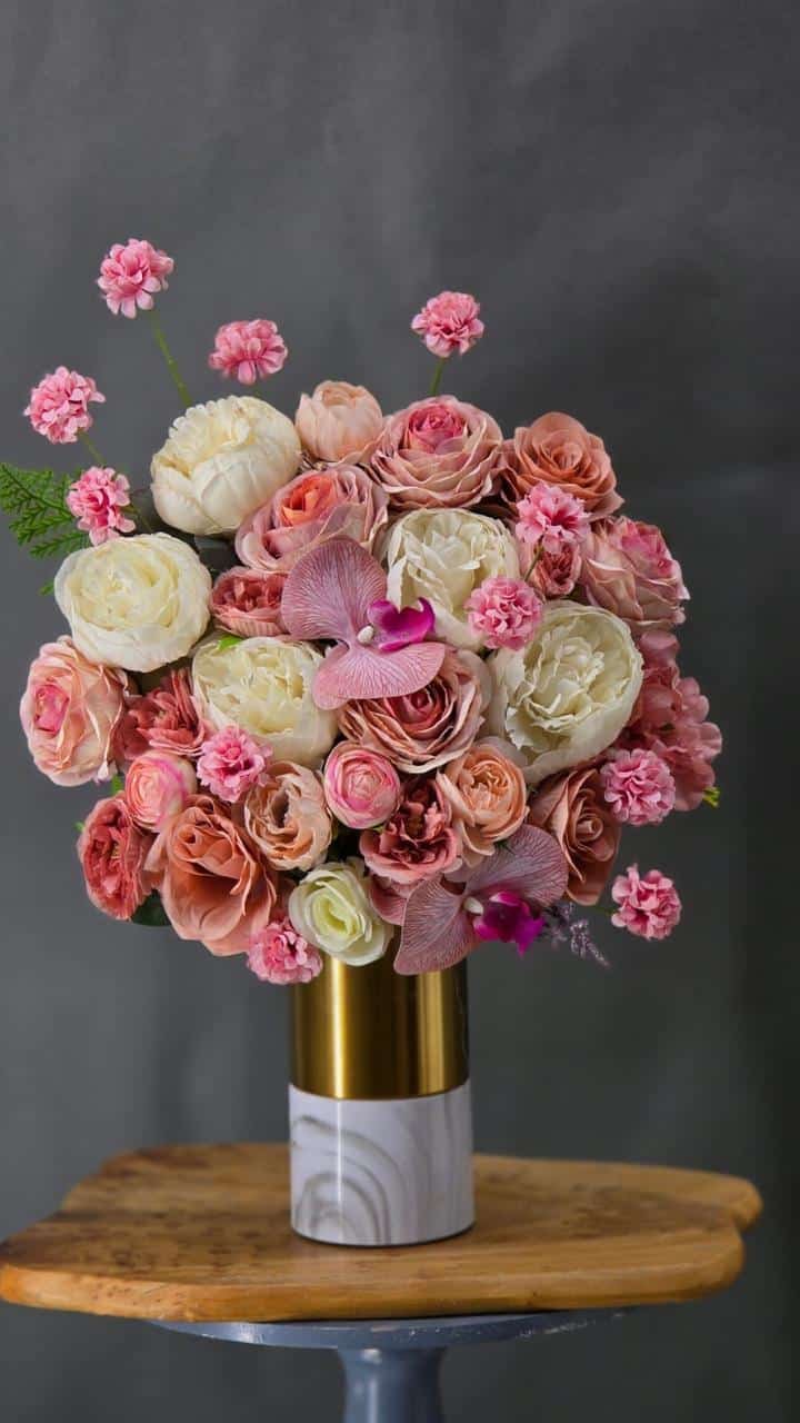 Flower Shop (14) Rose Blush Splendor – Elegant Artificial Arrangement in Gold & Marble Base - Image 1