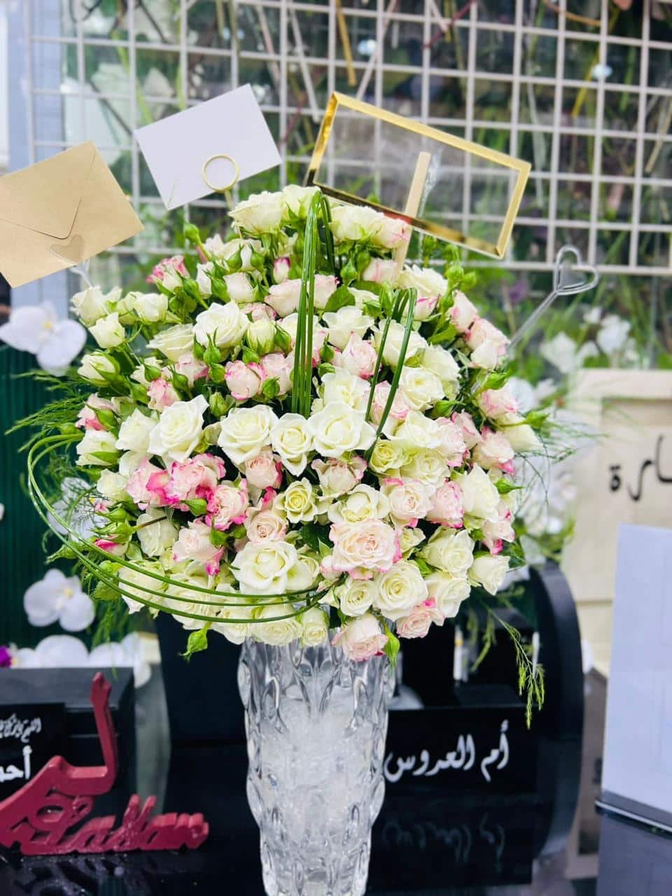 Flower Shop (40) Pure Elegance – Grand White & Blush Rose Arrangement in Crystal Cut Vase - Image 1