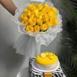 Sun-Kissed Delight Combo – Golden Yellow Rose Bouquet with Premium Mango Cake