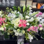Grand Opulence – Luxury Tower Arrangement of Lilies, Orchids, and Pink-Tipped Roses