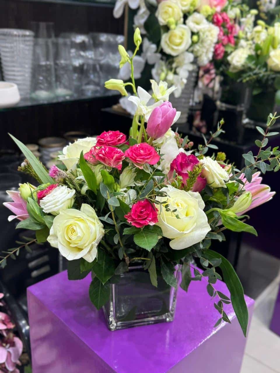 Flower Shop (57) Majestic Bloom – Premium Mixed Bouquet with Roses, Tulips & Exotic Orchids - Image 1