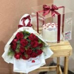 Red rose bouquet and Cake