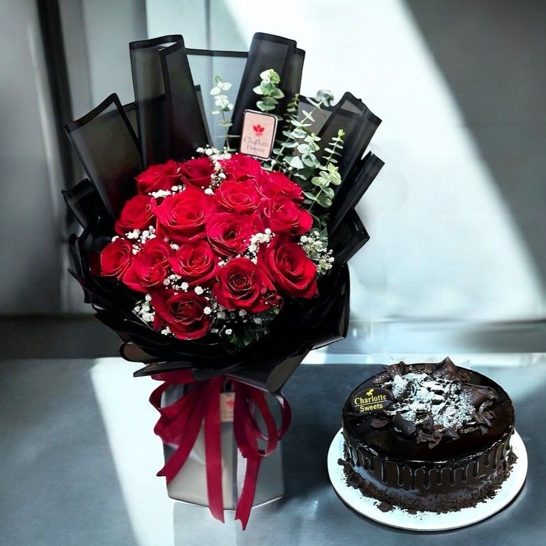 img_8070 Premium Red Rose Bouquet & Decadent Chocolate Drip Cake Combo - Image 1