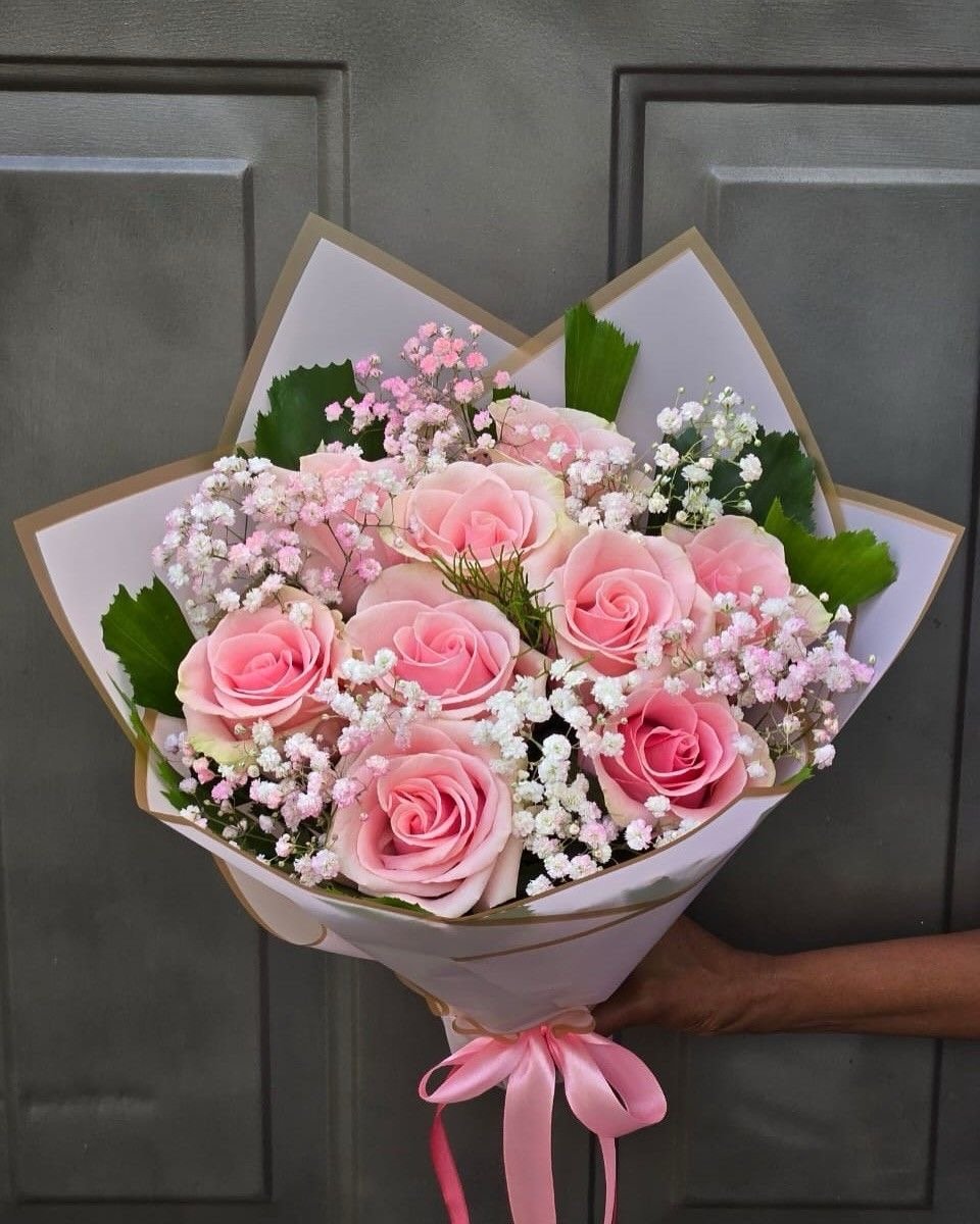 img_8101 Premium Pink Rose & Baby’s Breath Hand-Tied Bouque - Image 1